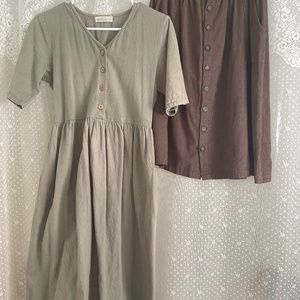 Little cottonwood linen blend alder dress sage green and corduroy button skirt